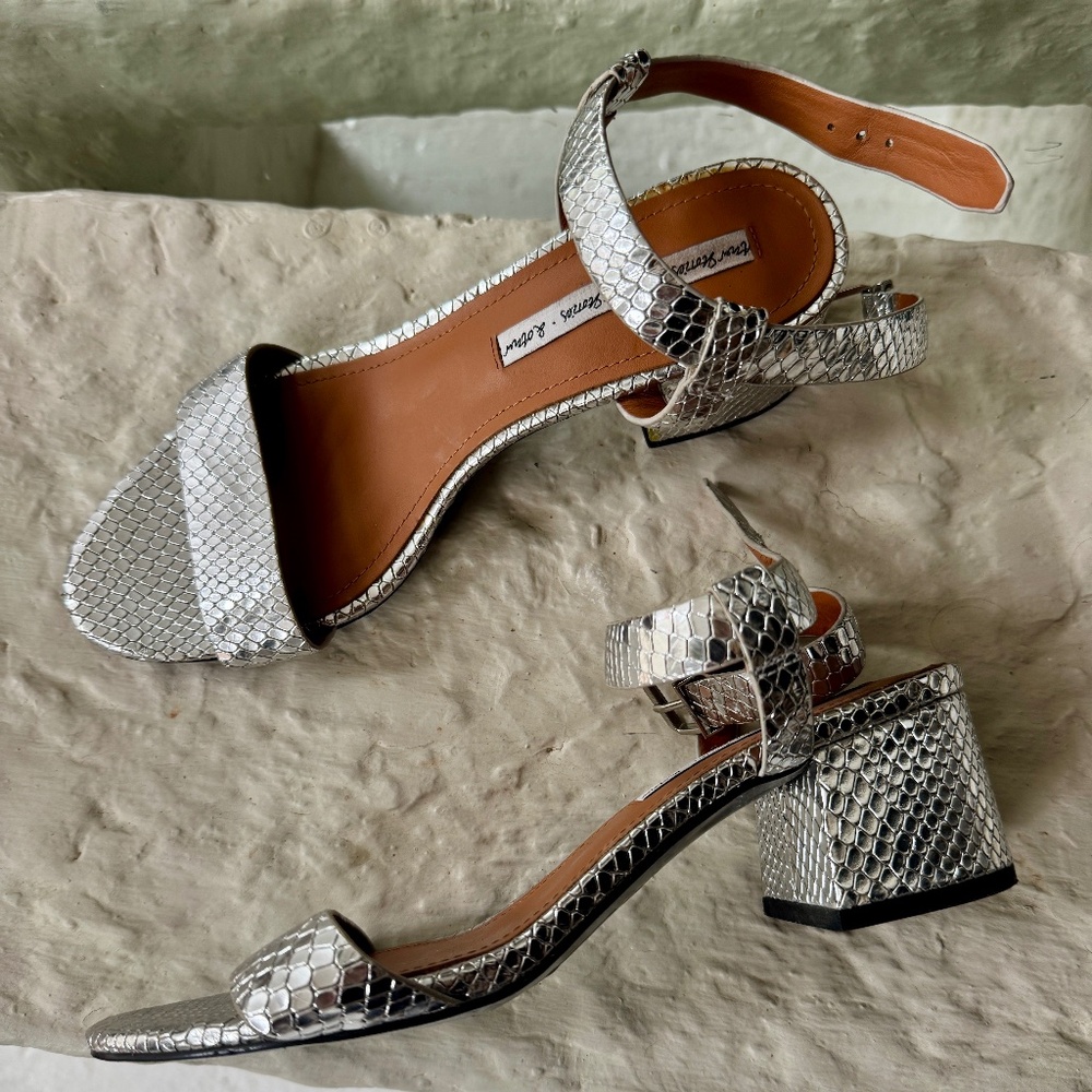 SILVER CHROME LEATHER HEEL SANDALS
